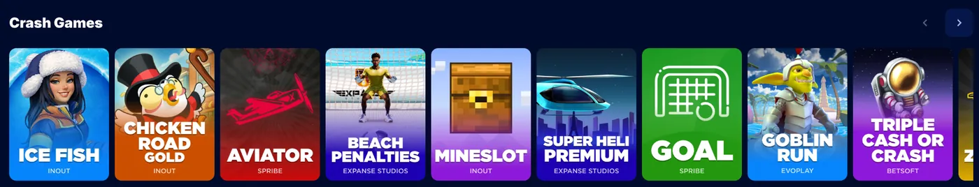 Screenshot della lobby del casinò con la riga dei crash game: Aviator, Goal e Chicken Road Gold