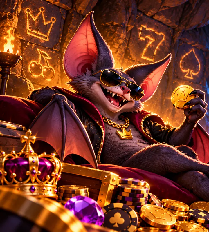 Bat mascot in gold sunglasses lounging on a golden coin throne in a moonlit cave, with the logo in the top-right corner
