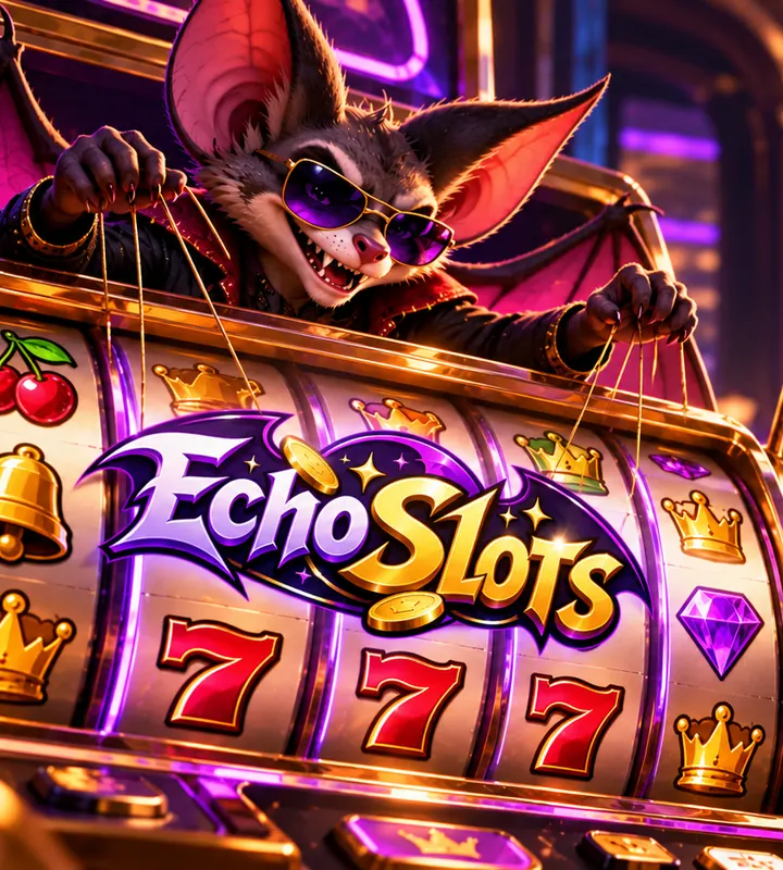 Bat mascot puppeteering a giant slot machine on golden strings